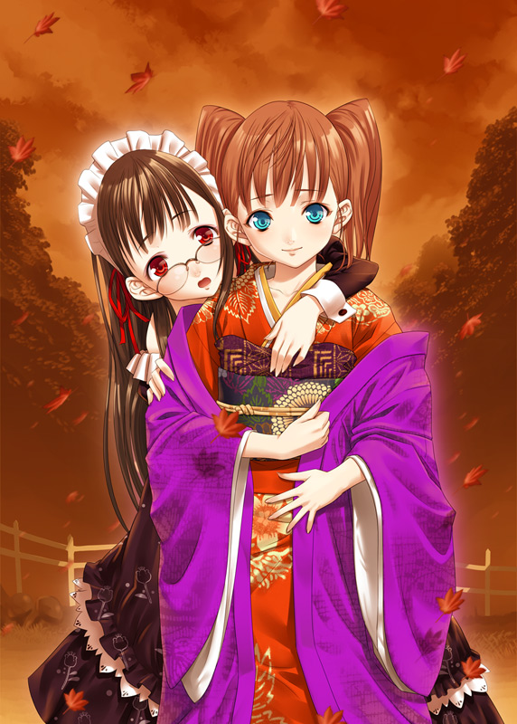 Safebooru 2girls Aqua Eyes Brown Hair Dress Glasses Hairband Japanese Clothes Kimono Long Hair 6945